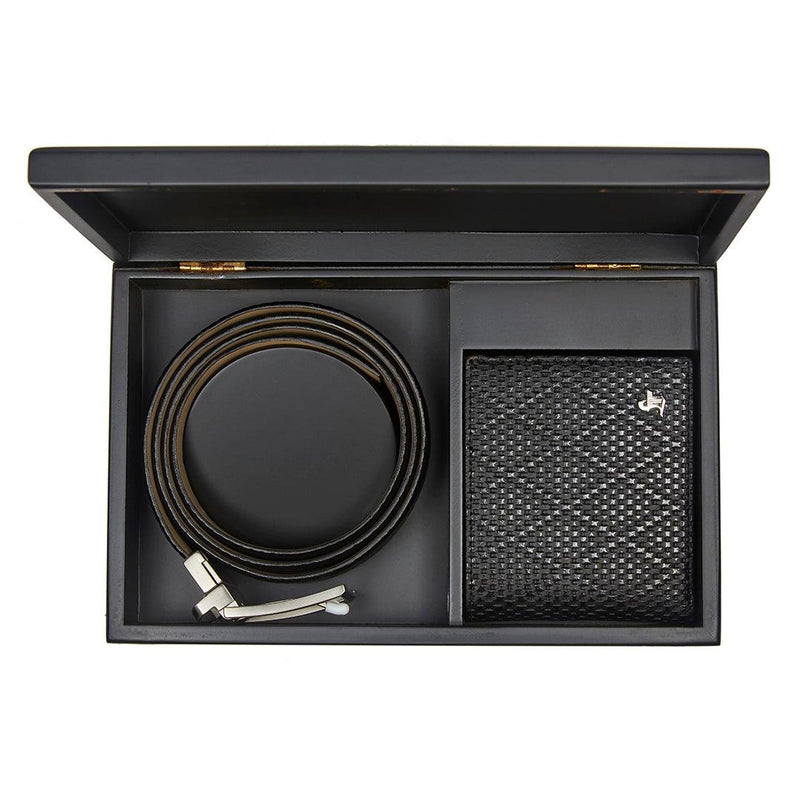 Premium Italian Rhombus Print Black Wallet Belt Set with Wooden Gift Box - Leather Talks 