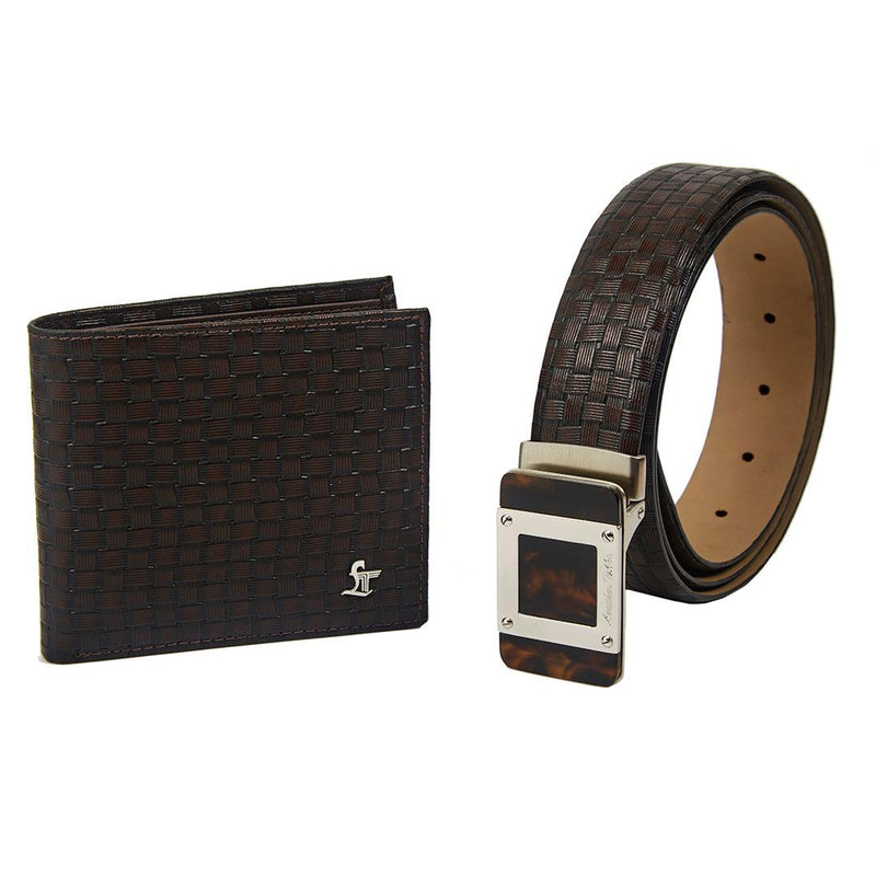 Premium Square Diamond Brown Wallet Belt Set with Wooden Gift Box - Leather Talks 