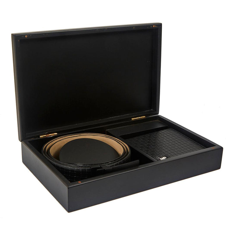 Premium Square Diamond Black Wallet Belt Set with Wooden Gift Box - Leather Talks 