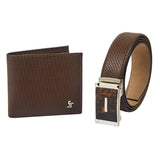 Premium Italian Small Weave Print Brown  Wallet Belt Set with Wooden Gift Box - Leather Talks 