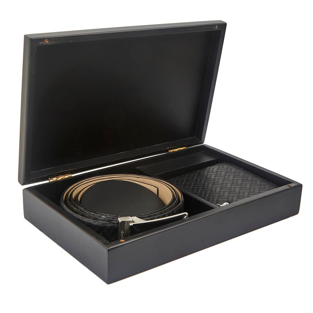 Premium Italian Cross Weave Black Wallet Belt Set with Wooden Gift Box - Leather Talks 