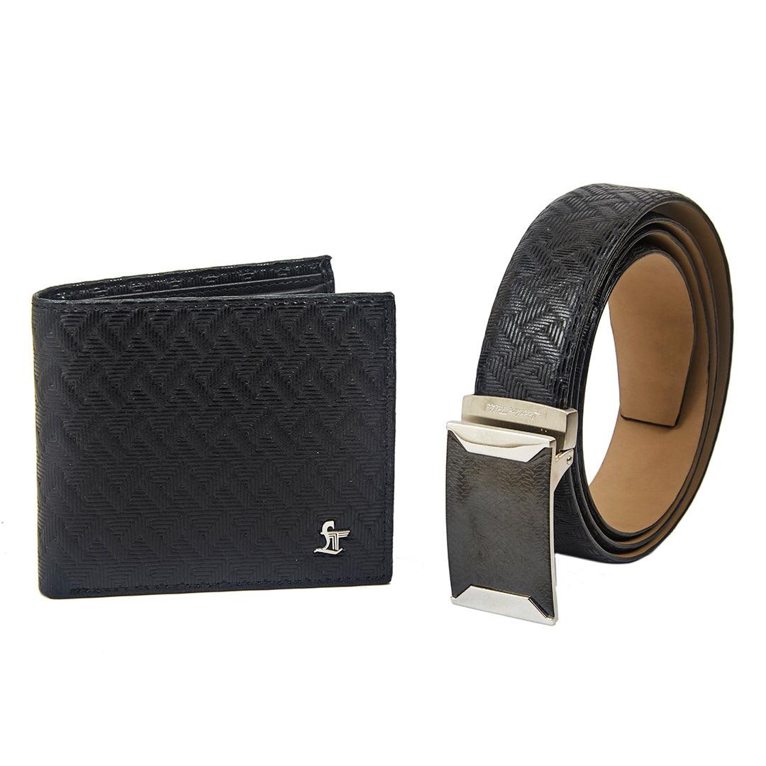 Premium Italian Cross Weave Black Wallet Belt Set with Wooden Gift Box - Leather Talks 