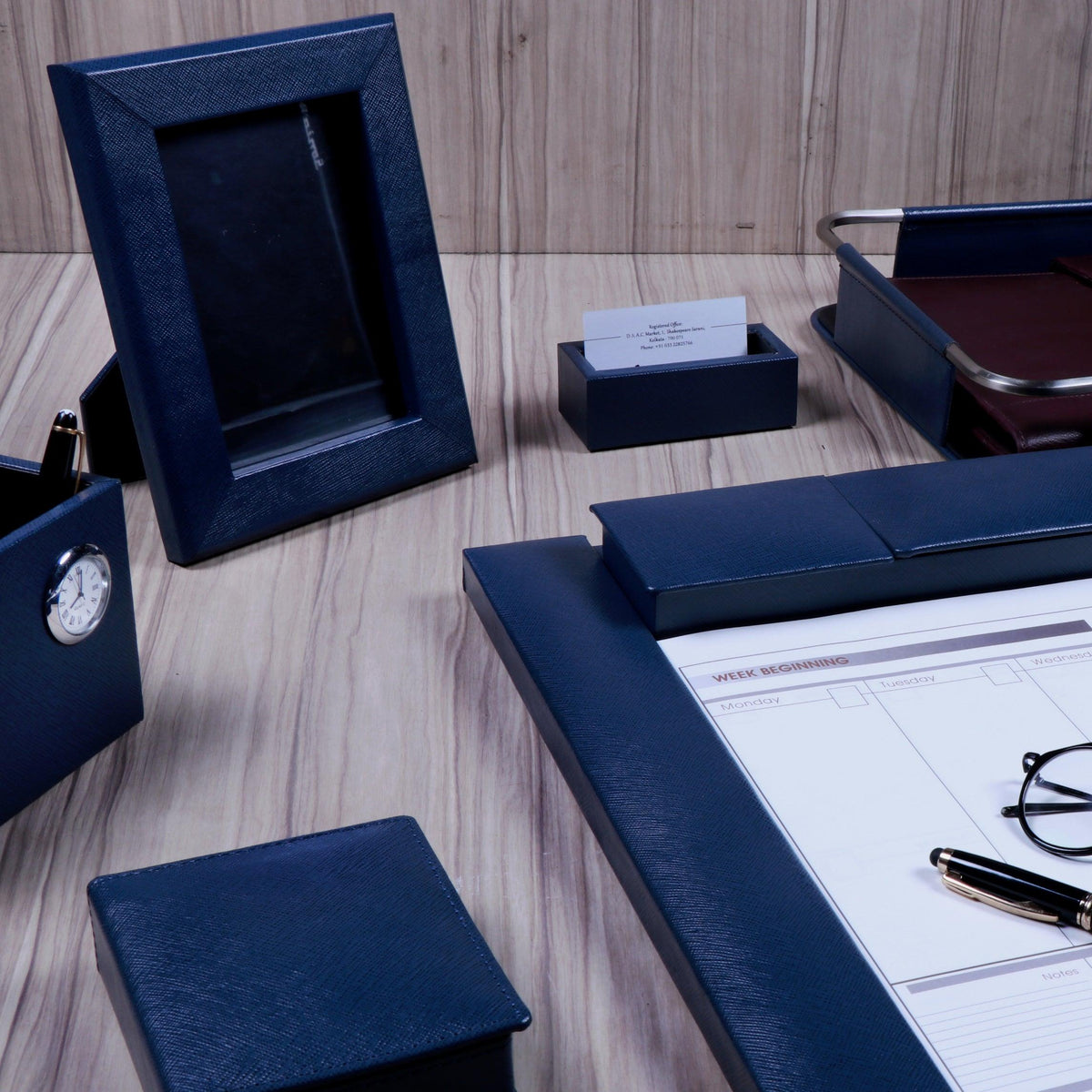 Desktop Planner Set I|Blue Leather Desk Acessories| WFH accessory