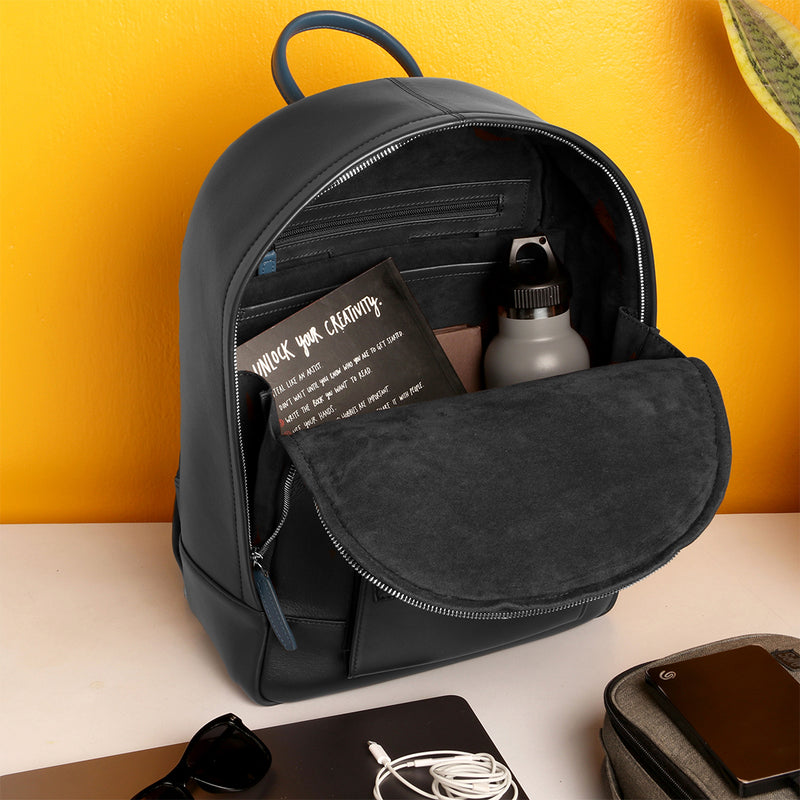 Branded black leather backpack